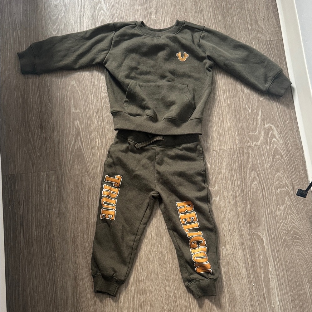 True Religion Kids Olive Green Sweatshirt & Joggers with Yellow Logo